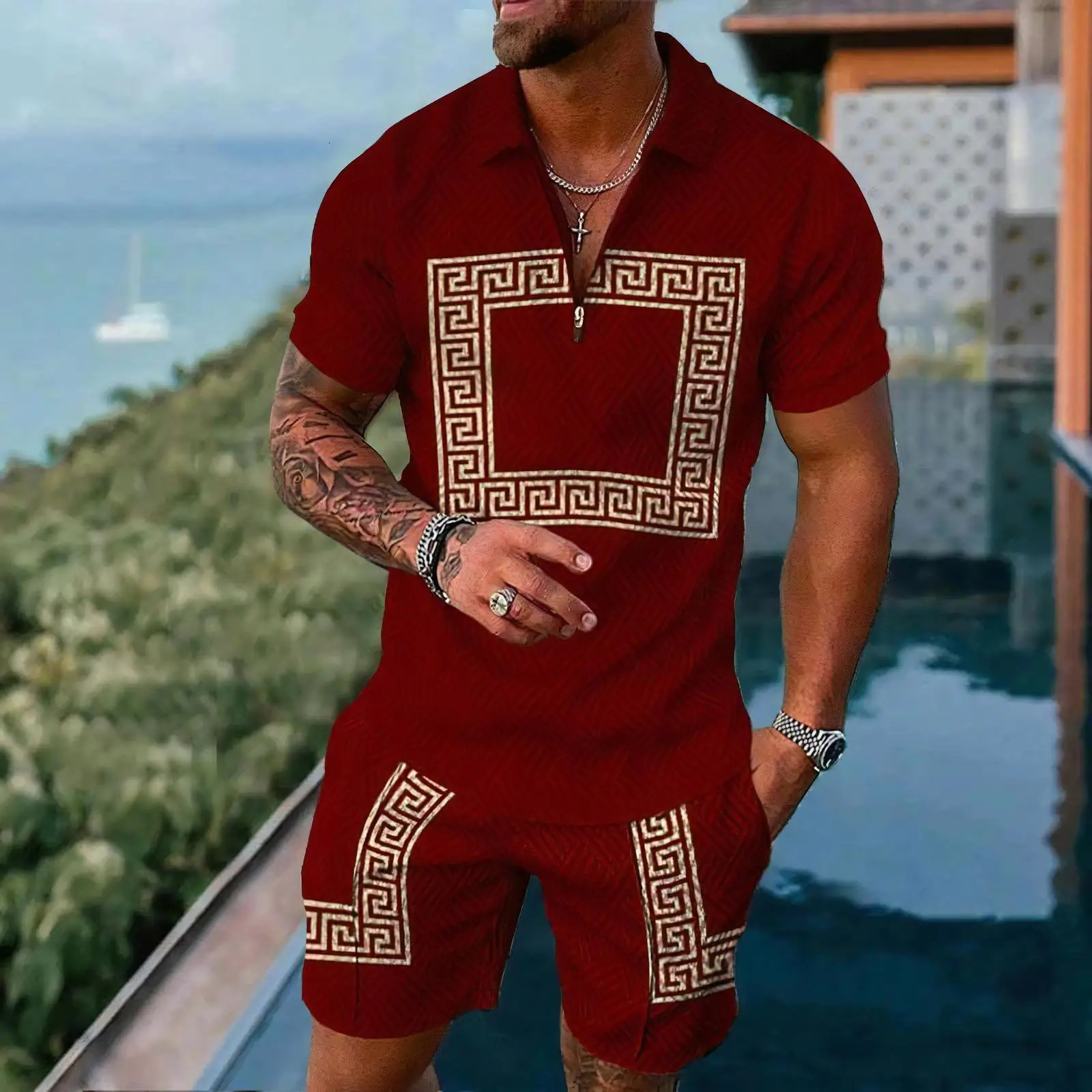 Gold Pattern Mens Polo Shirts Set Summer Short Sleeve Zipper Shirt Shorts 2PCS Suits Men Casual Sportswear 250530