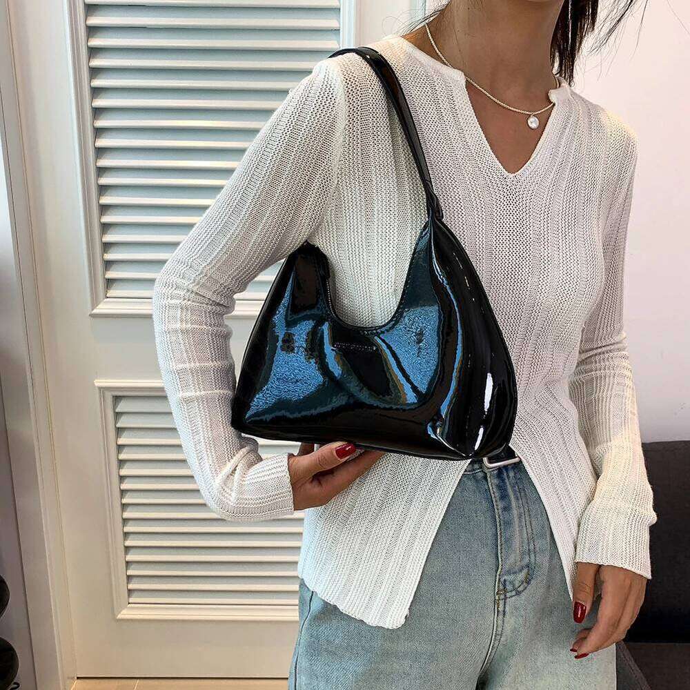 Women's Patent Leather Tote Versatile Fashion Shoulder Satchel Hobo Bag Girl Brand Designer Zipper Small Handbags