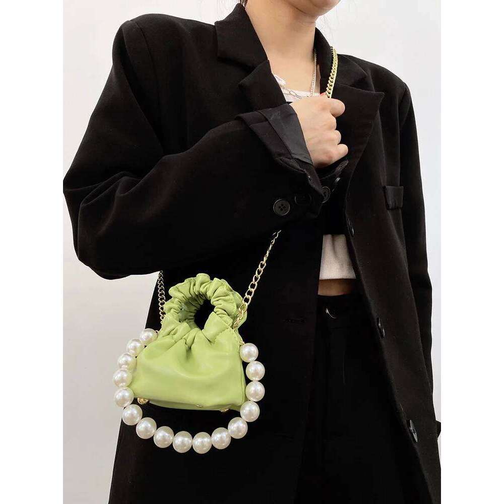 Women Mini Pleated Pearl Tote Bag Candy Color Soft Leather Chain Crossbody Bags Girl's Cute Lipstick Coin Purse
