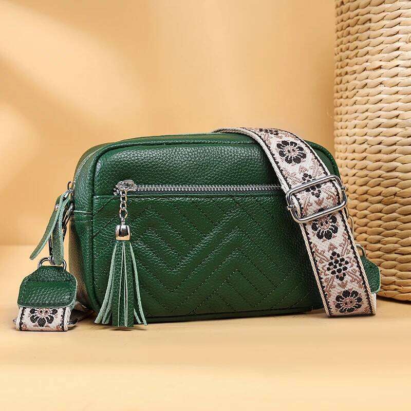 Fashion Wide Strap Crossbody Daily Commute Genuine Leather Handbag For Women Multi Compartment Zipper Shoulder Bag
