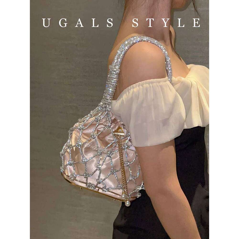 Woven Handbag Knitted Shoulder Wedding Party Clutch Purse Dia Shiny Beading Evening Crossbody Rhinestone Bag