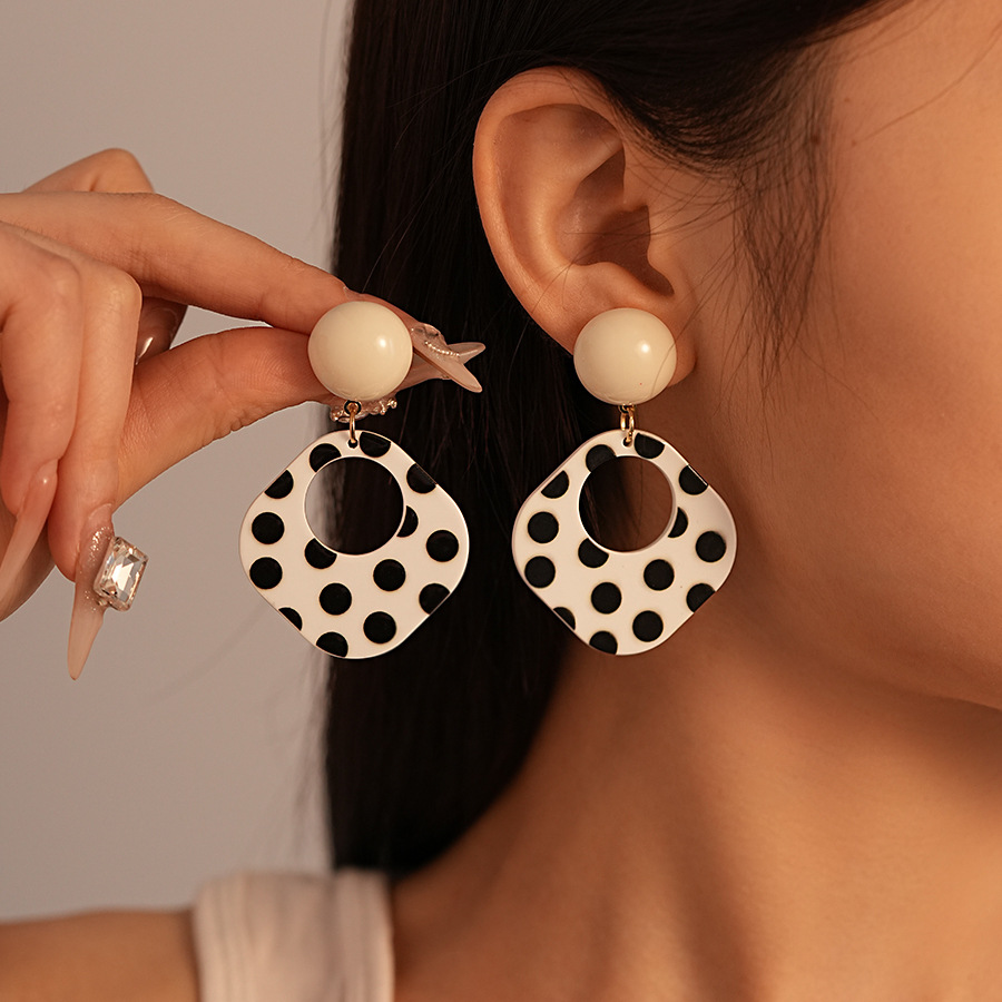 Vintage Acrylic Black White Polka Dot Square Geometric Earrings with Sterling Silver Needles Stylish Minimalist Elegant Statement Ear Jewelry for Wome
