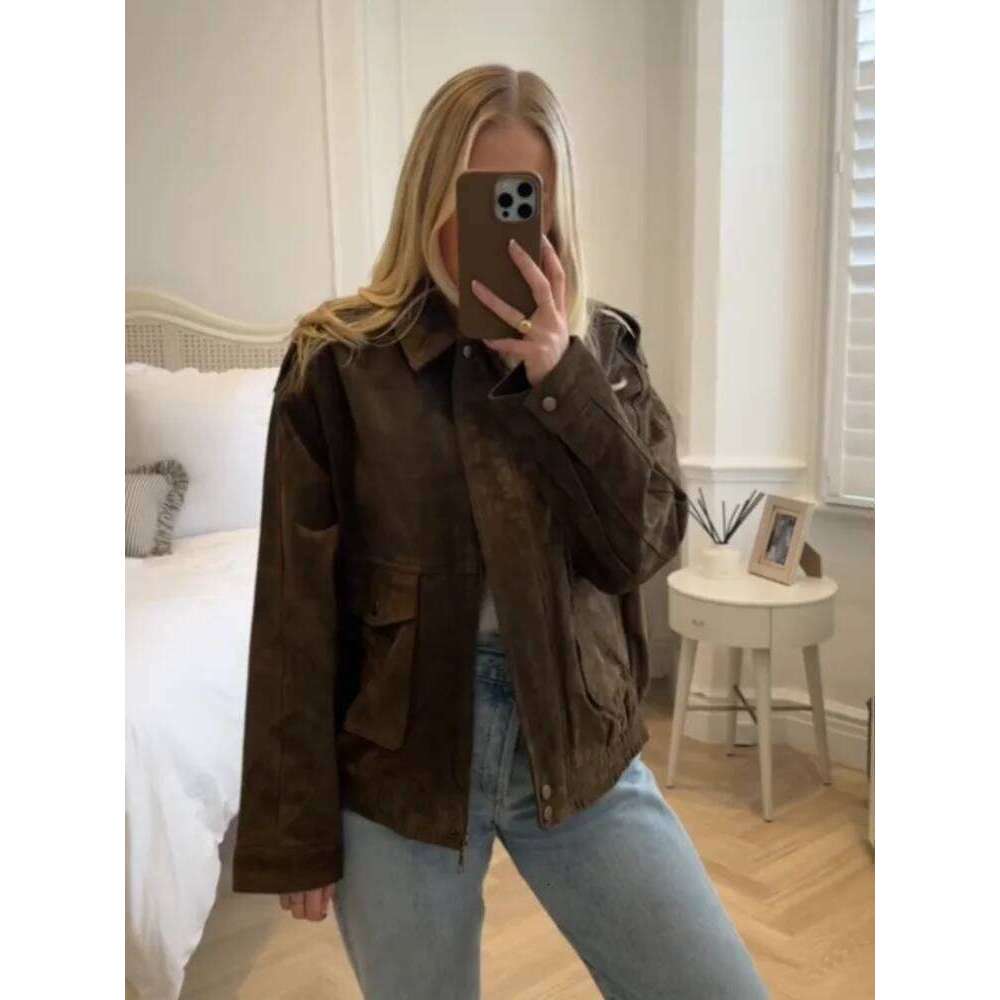 Vintage Suede Zipper Bomber Jacket For Women Spring New Elegant Lapel Motorcycle Long Sleeve Coats Female Street Chic Outerwear