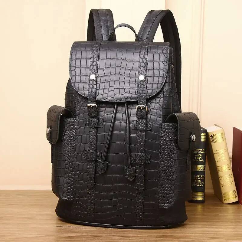 2024 New Brand Real Genuine Leather Men Alligator Backpacks Student Backpack Boy 15.6 Inch Computer Laptop Bag