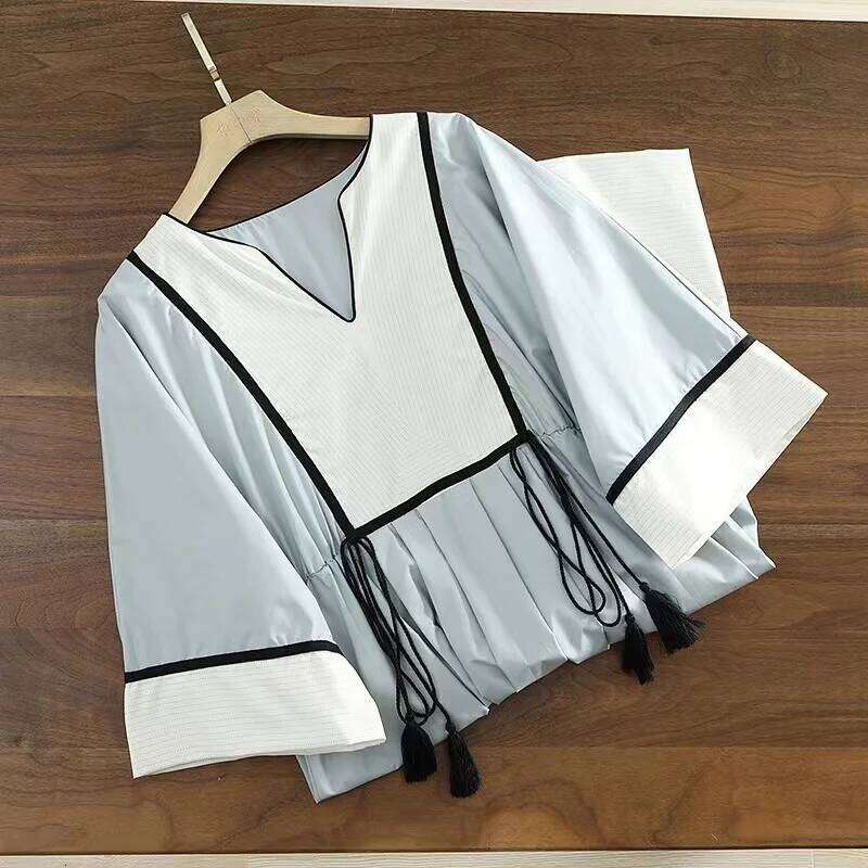 Bohemian Patchwork Dress Mid Length Shirt Skirt Ethnic Style Loose V-Neck Seaside Vacation Early Spring