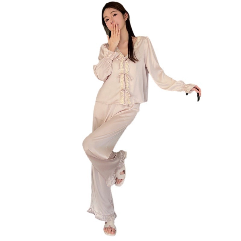 B920-Ice silk ladies pajamas spring and autumn new cardigan long sleeve trousers two-piece suit can be worn as a casual home wear