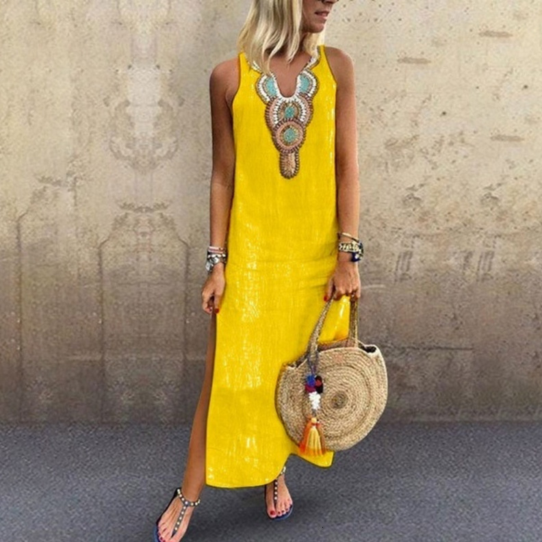 2022 Summer Loose Cotton Hemp Bohemian Sexy Sleeveless Deep V-Neck Embroidery Dress Women