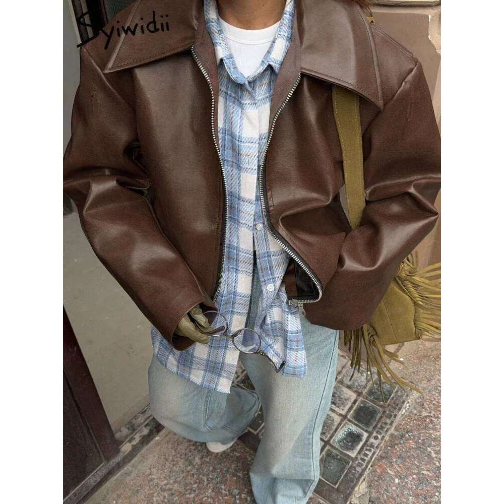 Syiwidii Faux Leather Jackets Women's Fashion Lapel Zipper Long Sleeve Outerwear 2025 New Chic Vintage High Street Ladies Coats