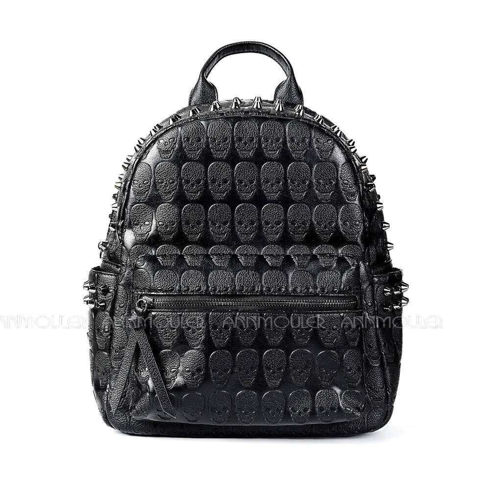 Annmouler Brand Designer Unisex Backpack Black Skeleton Daypack Punk Rivet School Quality Rucksack Travel Bag