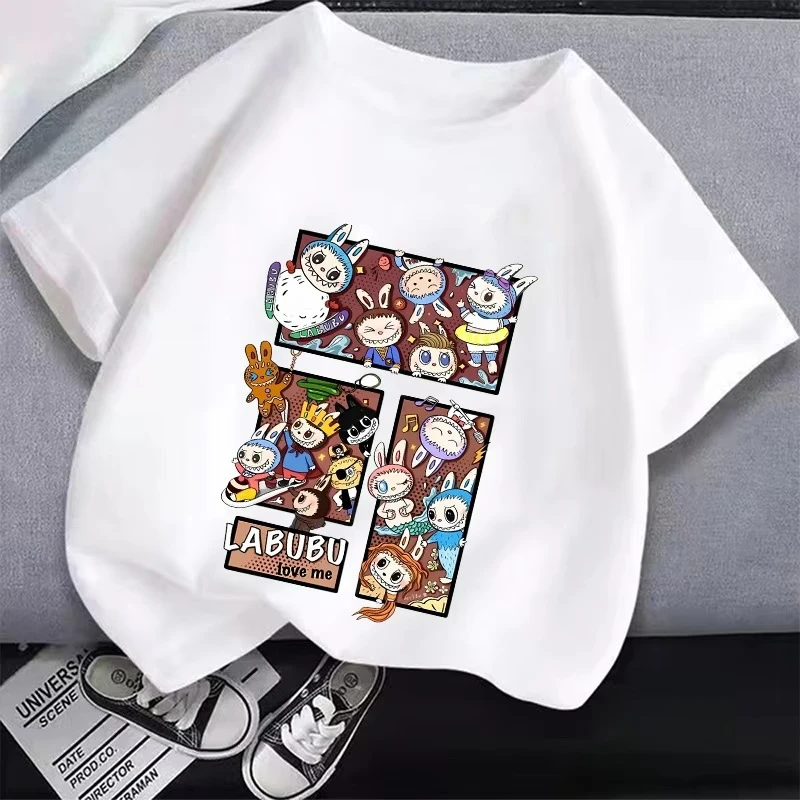 Labubu Children's T-shirt Cute Cartoon Round Neck Short Sleeve Shirts Anime Printing Boys Girls Clothes Cotton Hip Hop Sportwear