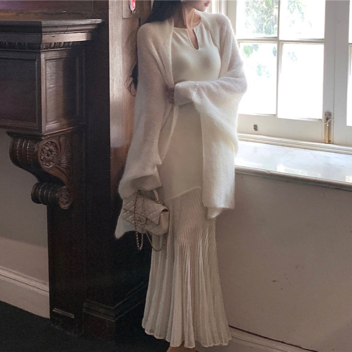 8003 White Dress Round Neck Layered U-Neck Sleeveless Waist-Cinching Ice Silk Sheer Patchwork Organza Mermaid Long Dress 240408