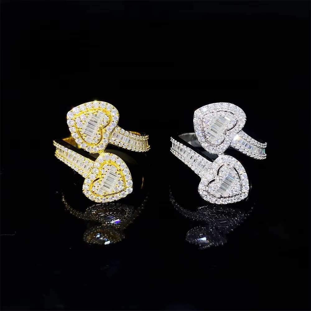 Custom Hip Hop Men Women Fine Jewelry Iced Out Gold Plated 925 Sterling Silver VVS Moissanite Diamond Double Heart Shaped Ring