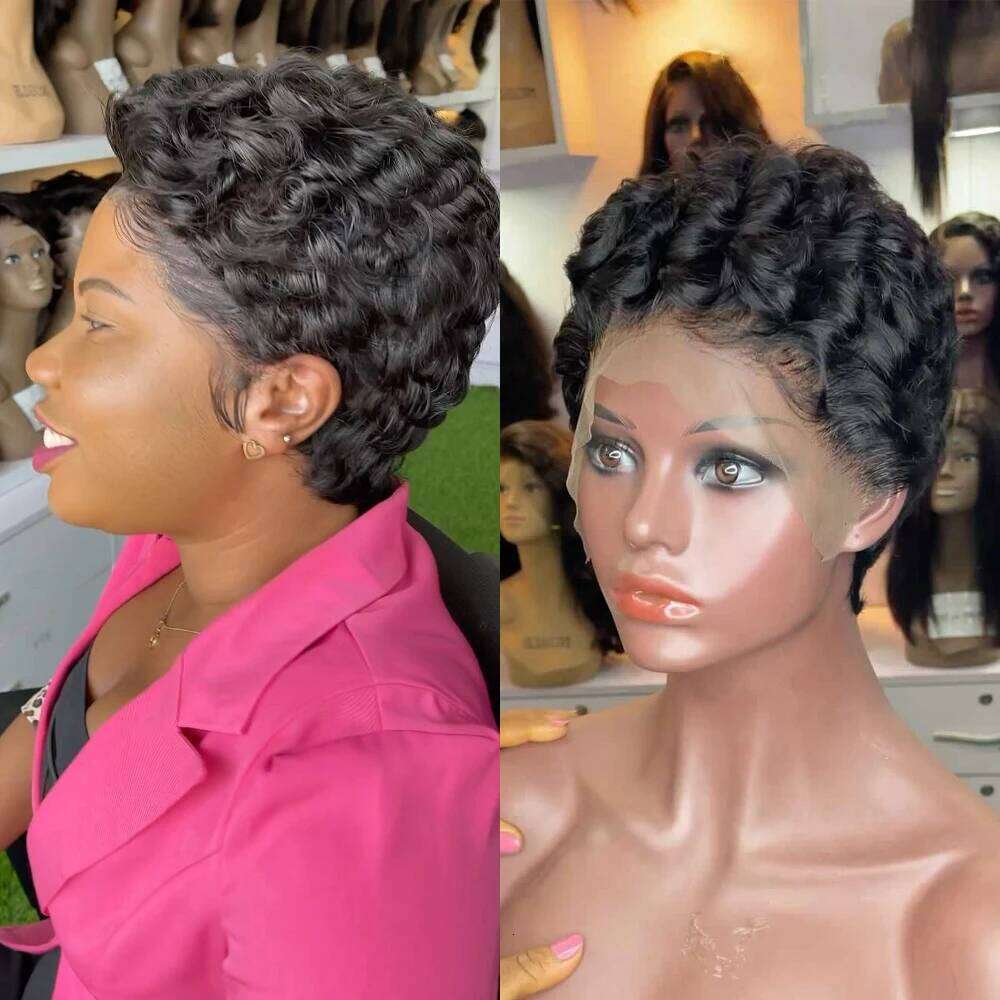 13x4 Transparent Lace Frontal Pixie Cut Short 100% Brazilian Human Hair Natural Black Color Wig for Women 180% Density