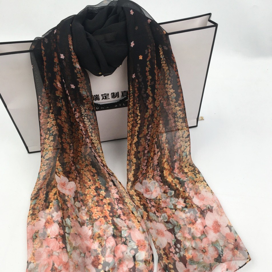 K969 New style printed spring and autumn thin peach blossom Georgette scarf women's sunscreen silk scarf cross-border foreign trade wholesale lon