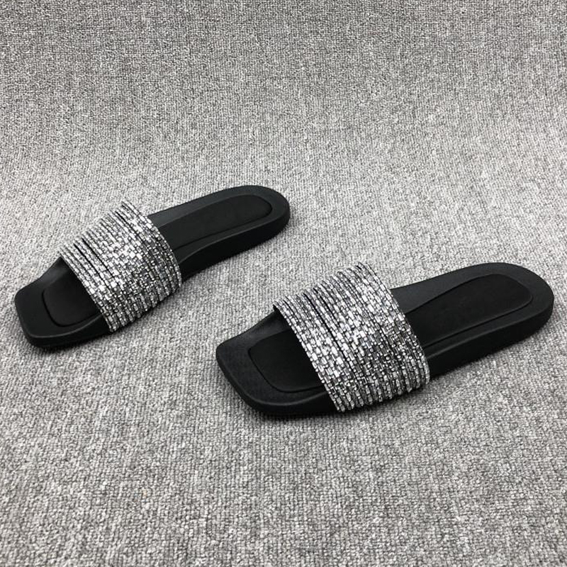 Designer Slides Bling Bling Crystal Slippers Womens Sliders Shiny Glitter Sandals Flats Heel Flip Flops Summer Rhinestone Beading Sandal