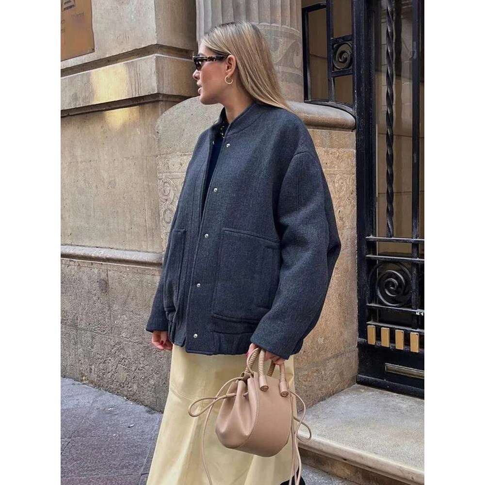 Loose Bomber Jacket For Women 2024 Spring Long Sleeve Pocket Coats Female Stand Collar Single Breasted Street Outerwear