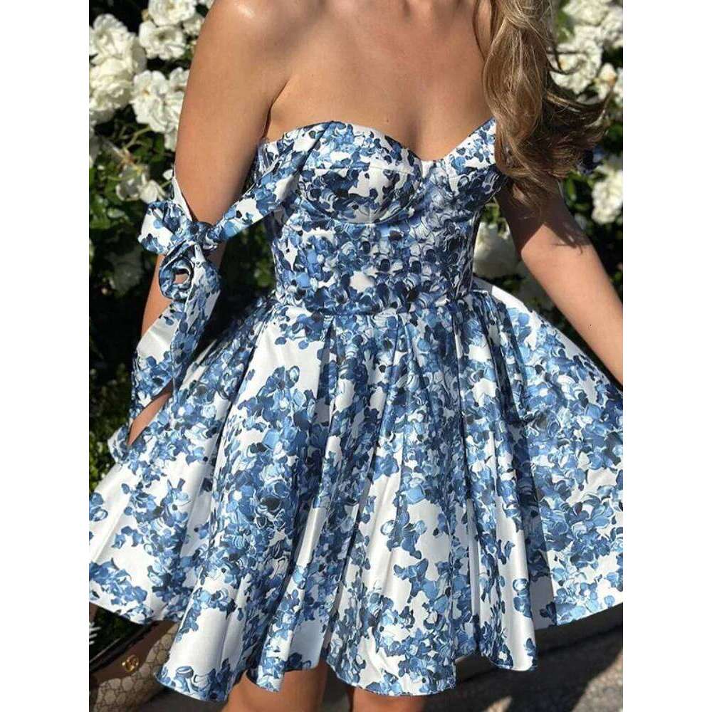 Vintage Blue Print Bow Lace-up Sling Dress For Women High Waist Pleated A-line Mini Dresses Summer New Vocation Lady Vestidos