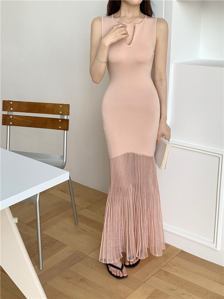 8003 White Dress Round Neck Layered U-Neck Sleeveless Waist-Cinching Ice Silk Sheer Patchwork Organza Mermaid Long Dress 240408