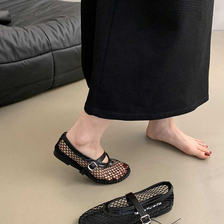 Korean Mesh Hollow Single Shoes For Women Summer New Fairy Elegant Shallow Mouth Flat Sandals Fishnet Shoes