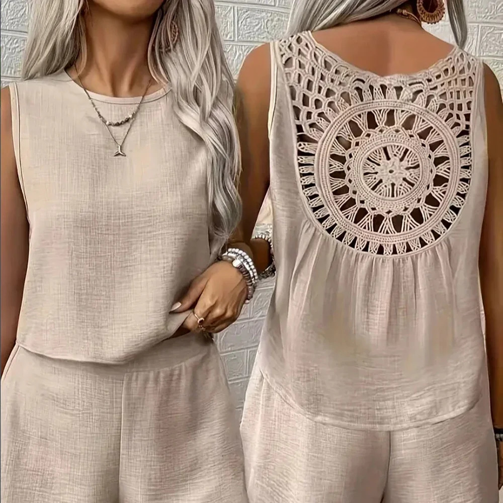 Womens Plus Size Linen Sets Hollow Out Back Round Neck Sleeveless Vest And Shorts 2Piece Set Summer Female Daily Vacation 250603