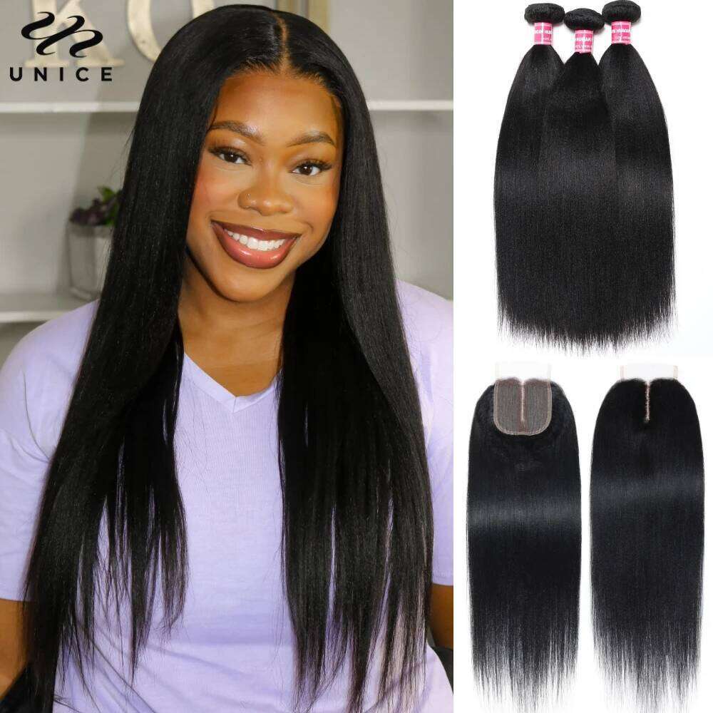 UNice Yaki Straight With Natural Color 100% Human Hair Bundles 3PCS And Middle Part 4x1 Lace Closure