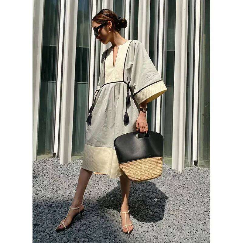 Bohemian Patchwork Dress Mid Length Shirt Skirt Ethnic Style Loose V-Neck Seaside Vacation Early Spring