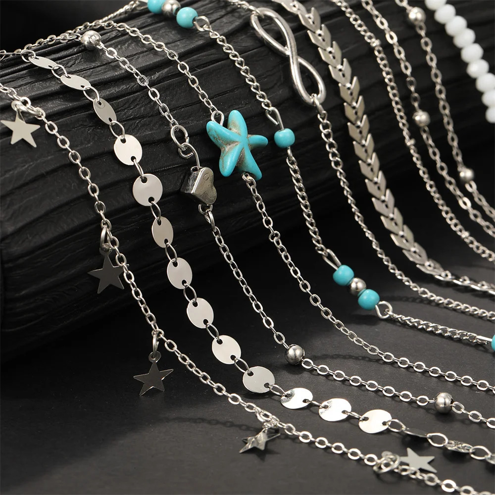 11PCS Multilayers Bohemian Starfish Infinity Heart Chain Anklets Set for Women Teens Summer Beach DIY Bracelet on Leg Ankle Jewelry 250606