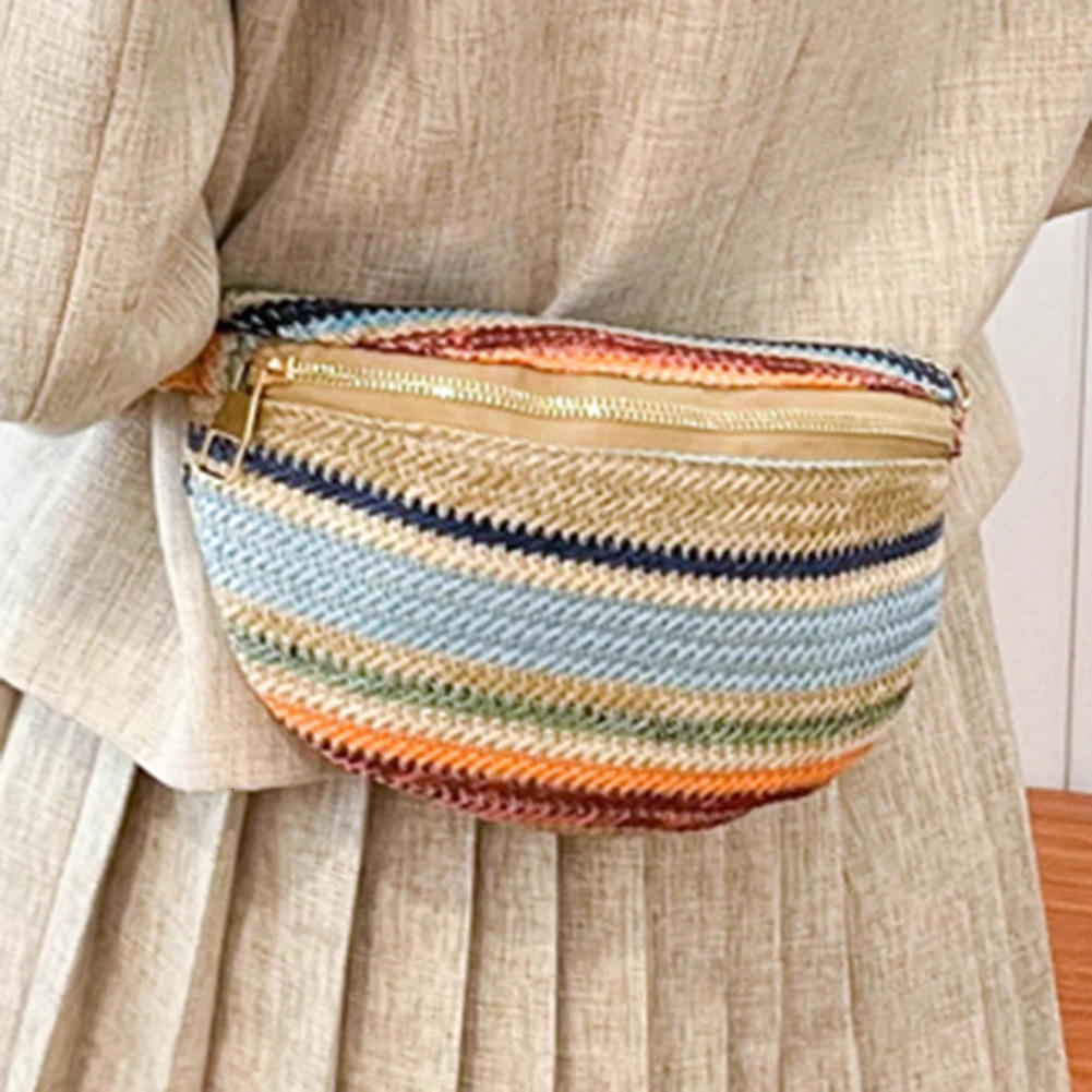 Rainbow Striped Fanny Pack Bum Bag Fashion Straw Woven Waist Bag Adjustable Strap Simple Portable Colorful for Weekend Vacation 250603