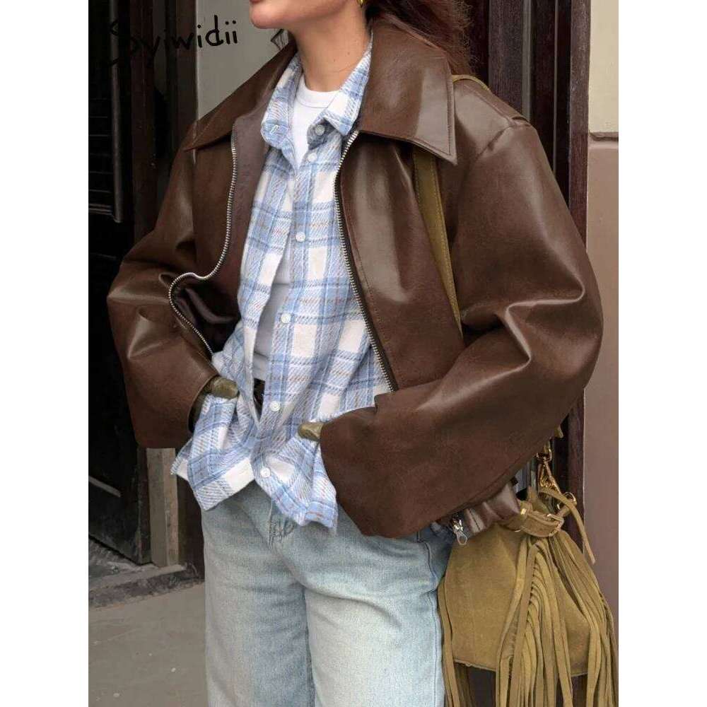 Syiwidii Faux Leather Jackets Women's Fashion Lapel Zipper Long Sleeve Outerwear 2025 New Chic Vintage High Street Ladies Coats