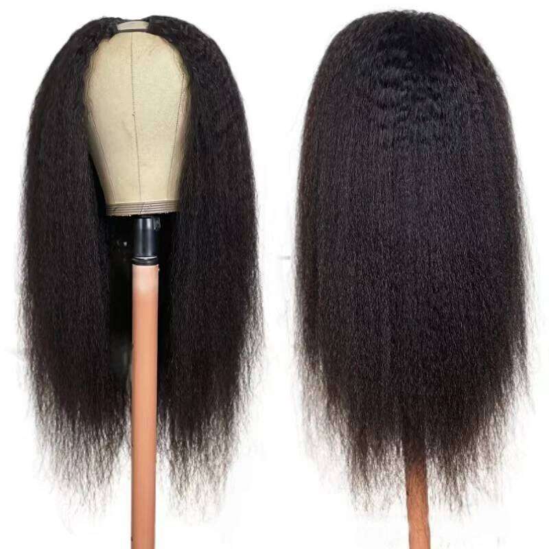 Kinky Straight V Part 100% Human Hair- Clip In Half Wig For Women-hine Made,150/200/250 Density,Nature Black ,8-24 Inches