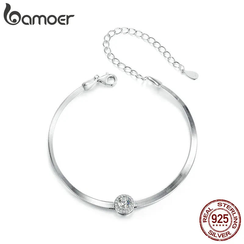 BAMOER Diamon0.5CT Moissanite Halo Pendant Bracelet Exquisite 925 Sterling Silver Snake Chain Link for Women Wedding Fine Jewelry Gift MSB011
