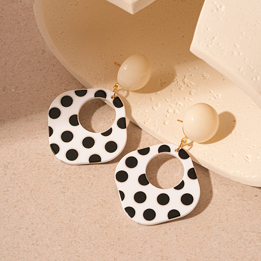 Vintage Acrylic Black White Polka Dot Square Geometric Earrings with Sterling Silver Needles Stylish Minimalist Elegant Statement Ear Jewelry for Wome