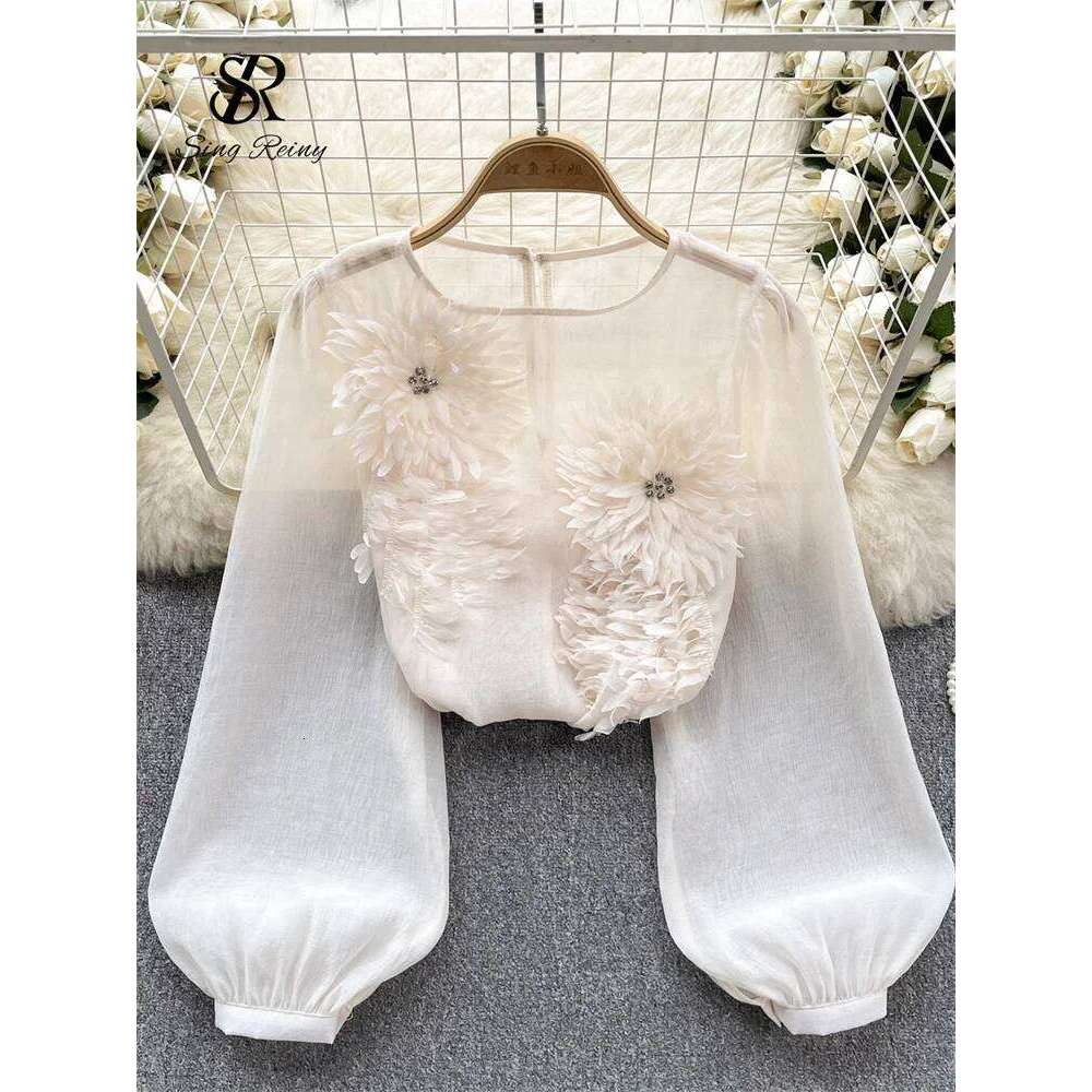 SINGREINY Spring Loose Satin Blouse Women O Neck Long Sleeves Sheer Bohemian Top 2025 Transparent 3D Floral Casual Shirt
