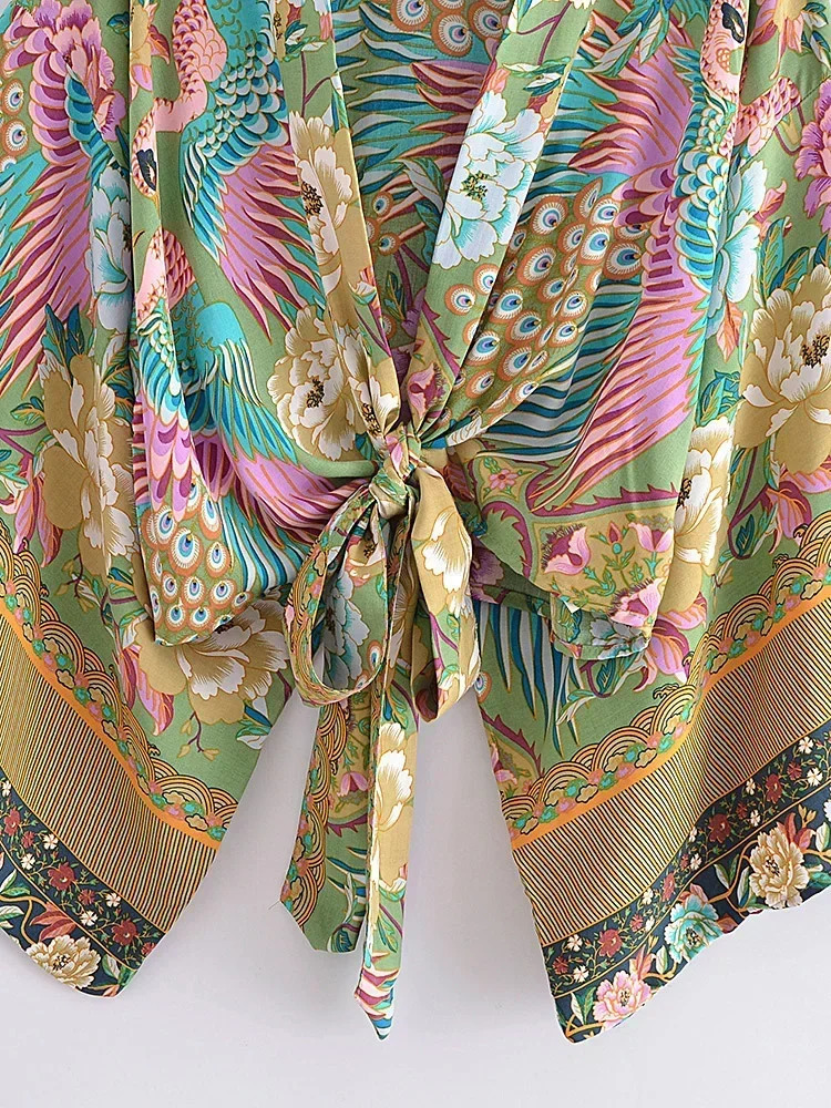 Boho Queens Peacock Short Robe Kimono Swimsuits Women Fashion Floral Batwing Sleeves Rayon Bohemian Bikini Cover Ups Beachwear 250606