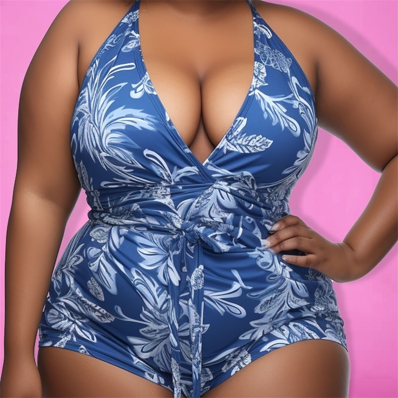 Plus Size Beach Blue Water Ripples Spring Summer V Neck Swimsuit Fabric s Swimwear 250527