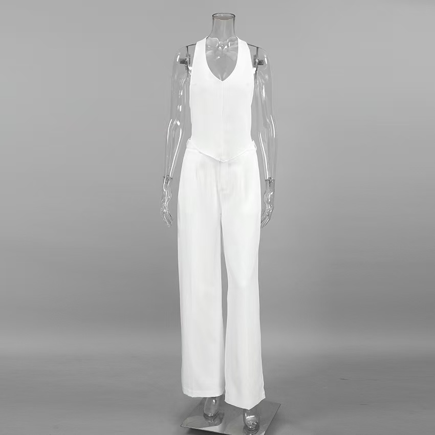 2025 Summer Neck Hanging Vest Long Pants Two-piece Set Fashionable Backless White Vest Set Casual Women's Clothing