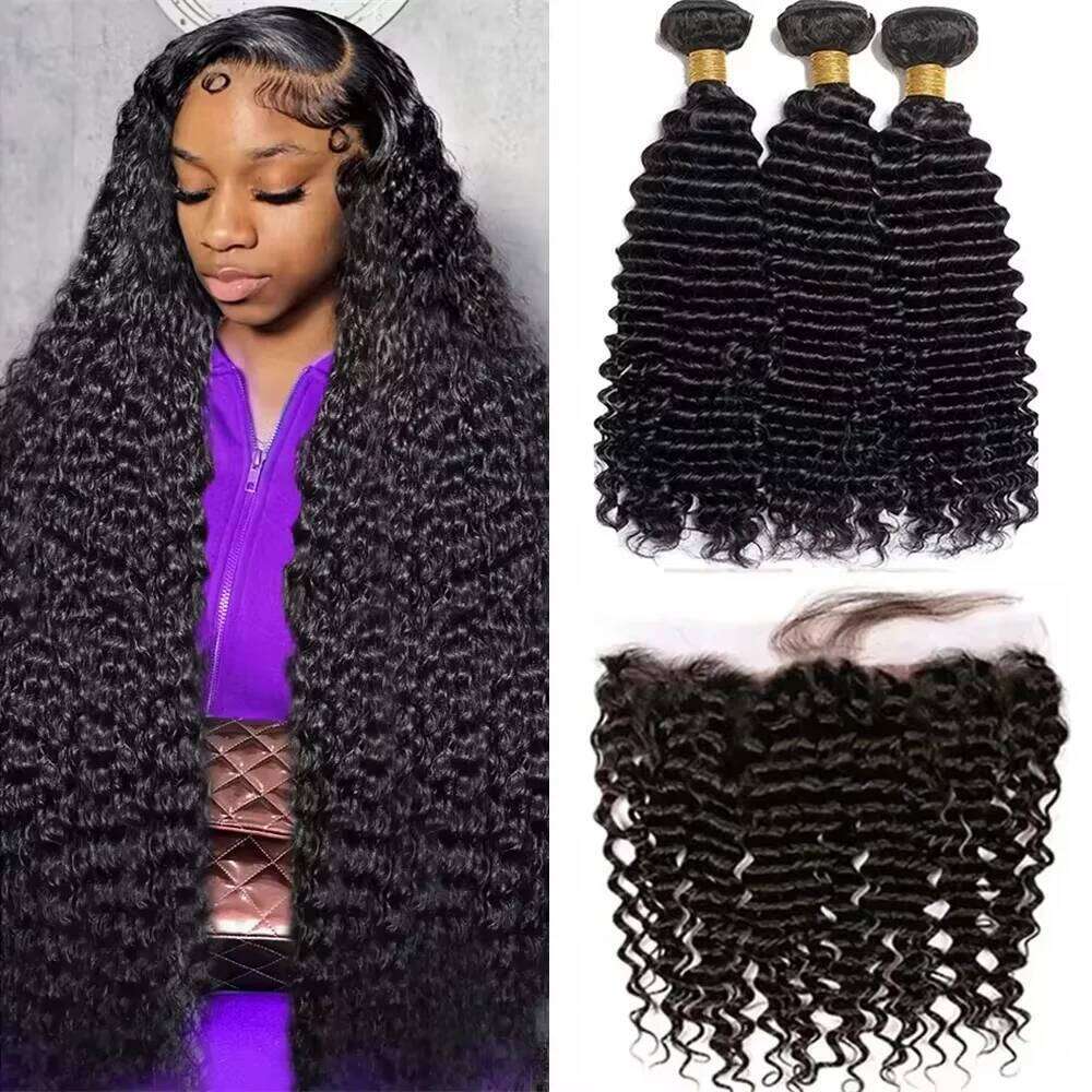 Burmese Deep Wave Bundles With 13X4 Frontal Closure Deals 100% Raw Human Weaving Curly Hair Bundle