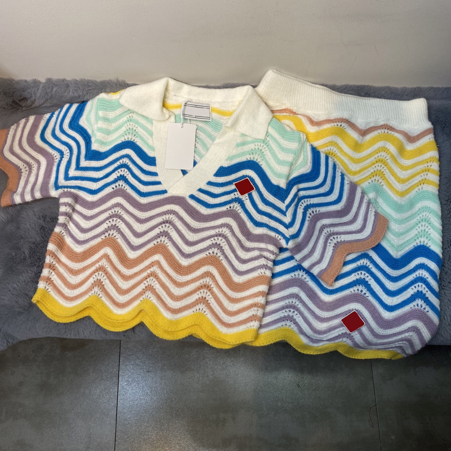 (Order by pic in opt, not by desc) Striped Color Blocked Short Sleeve Sweater with Pearl Buttoned Turn Down Colla Skirt Set