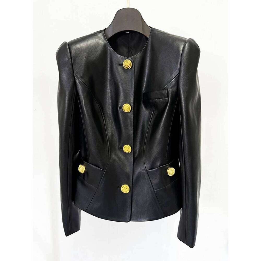 Modphy 2025 New Women'S Black Pu Leather Shiny Shrug Slim Small Suit High Quality Y2K Button Decorated Fashion Jacket