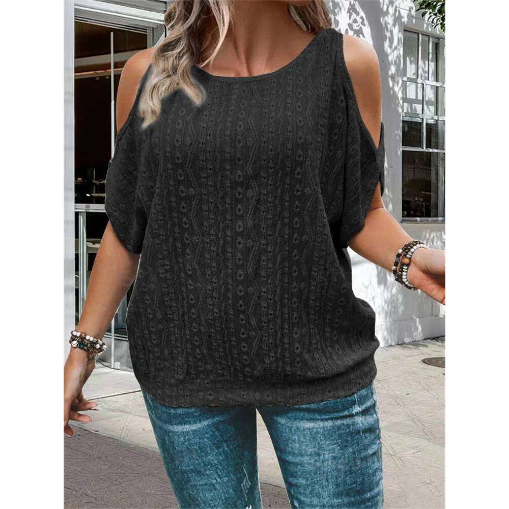 plus sizeLarge Hole Jacquard strapless t-shirt, spring and summer casual short-sleeved shirt, women's large clothing