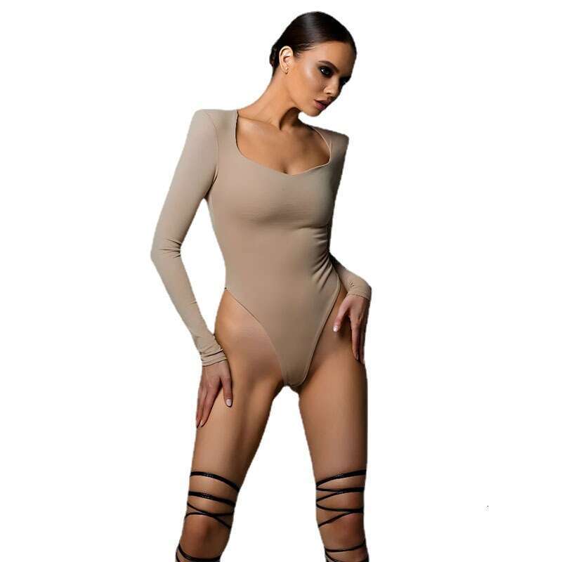 Women's U-Neck Long Sleeve Padded Shoulder Comfortable Slim Waist Creative One-Piece Bodysuit Trend B5