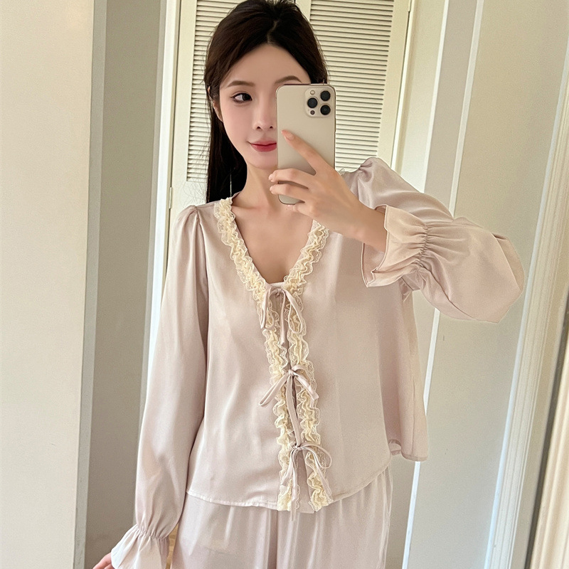 B920-Ice silk ladies pajamas spring and autumn new cardigan long sleeve trousers two-piece suit can be worn as a casual home wear