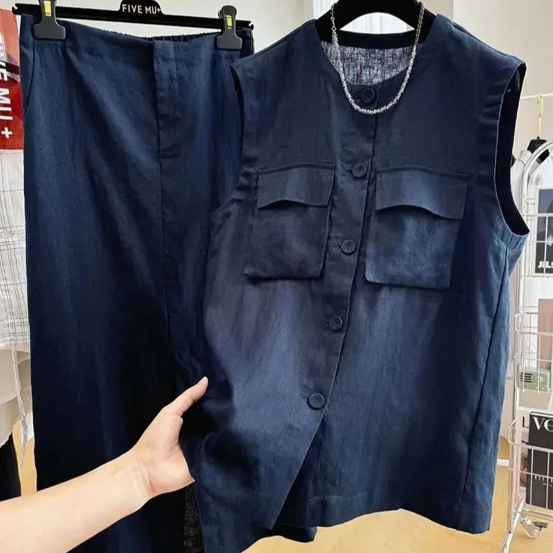 Limiguyue Summer Linen Set Fashion Pockets Sleeveless Vest Top Sense Split Midi Half Skirt Women 2 Piece Sets Casual 756P 250606