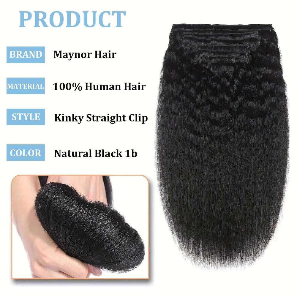 Kinky Straight In Extensions 100% Real Human Hair Natural Black 8 Pcs/120g Full Head Brazilian Remy Clip ins Seamless