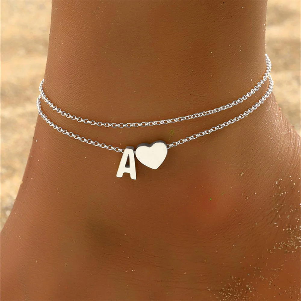 Boho 26 Letters A-Z Stainless Steel Chain Anklets For Women Simple Heart Ankle Bracelet Anklet Beach Jewelry Summer Accessories 250606