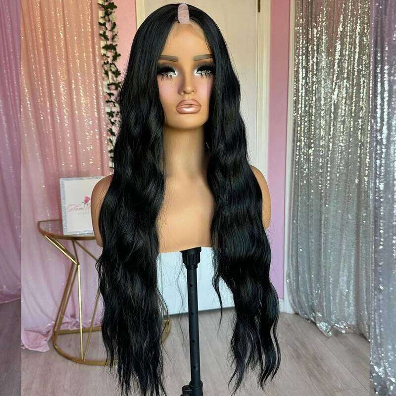 Super Long 30 inch Virgin Human Hair Half Full hine Made U Adjustable Straps Glueless V Part #1 black Wigs Natural