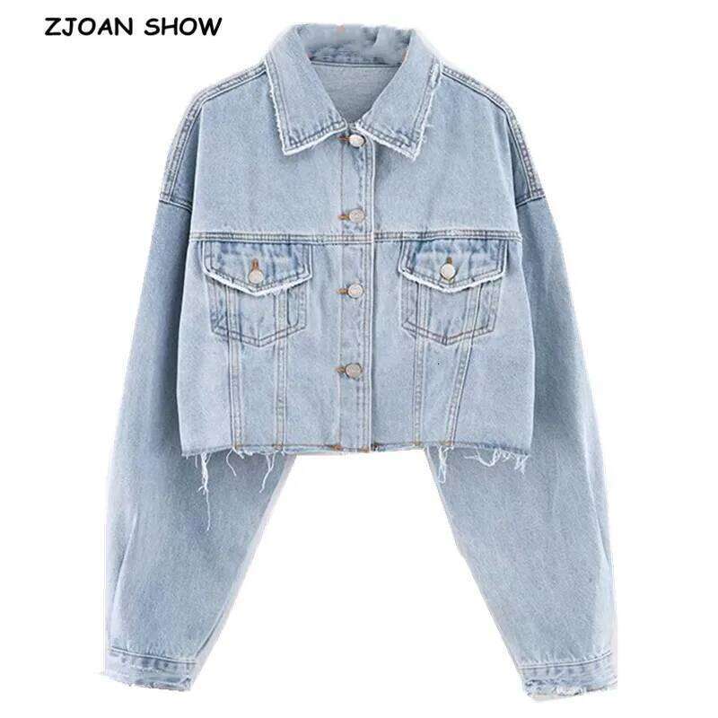 Autumn Drop Shoulder Loose Short Denim Jacket Vintage Women Lapel Pockets Single Breasted Draped Jean Coat Cool Outerwear