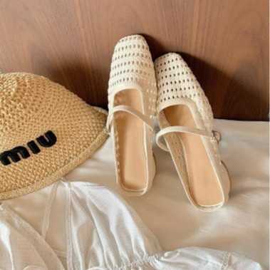 Versatile Square Toe Woven Hollow Out Mules For Women One Strap And Chunky Heel