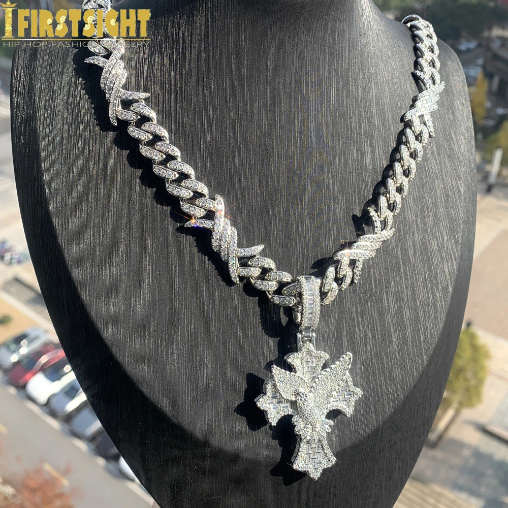 Iced Out Eye Maltese Cross Peace Necklace for Men 12MM Barbed Wire Cuban Chain Cubic Zirconia Charm Hip Hop Jewelry 250606