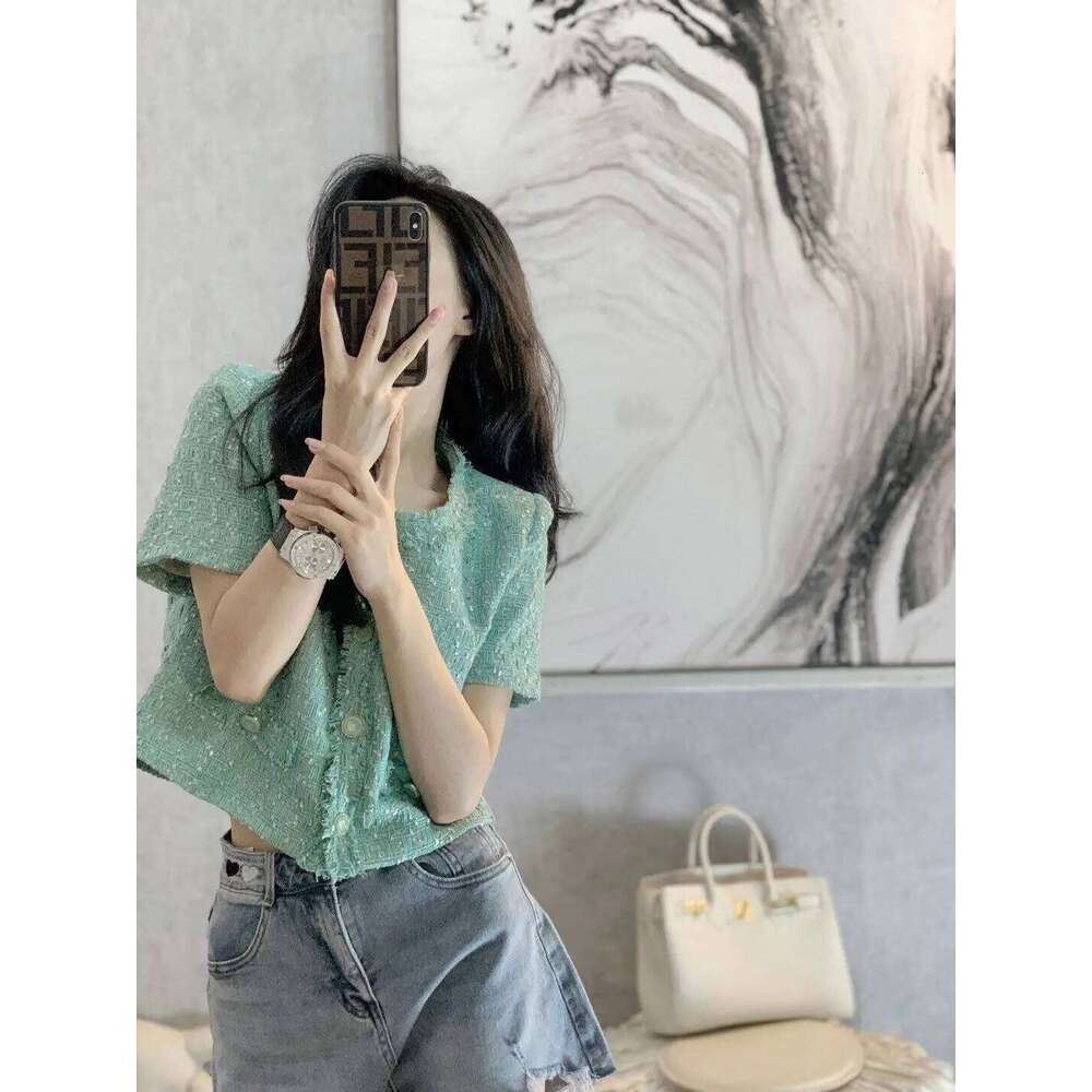 Vintage Fragrant Short Sleeve Jacket Women's Spring/Summer New Versatile Fashion Tweed Greent Coat